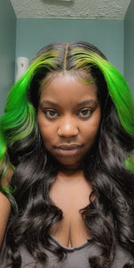 Neon Green Highlight Strips Lace Wig (7340764659935)