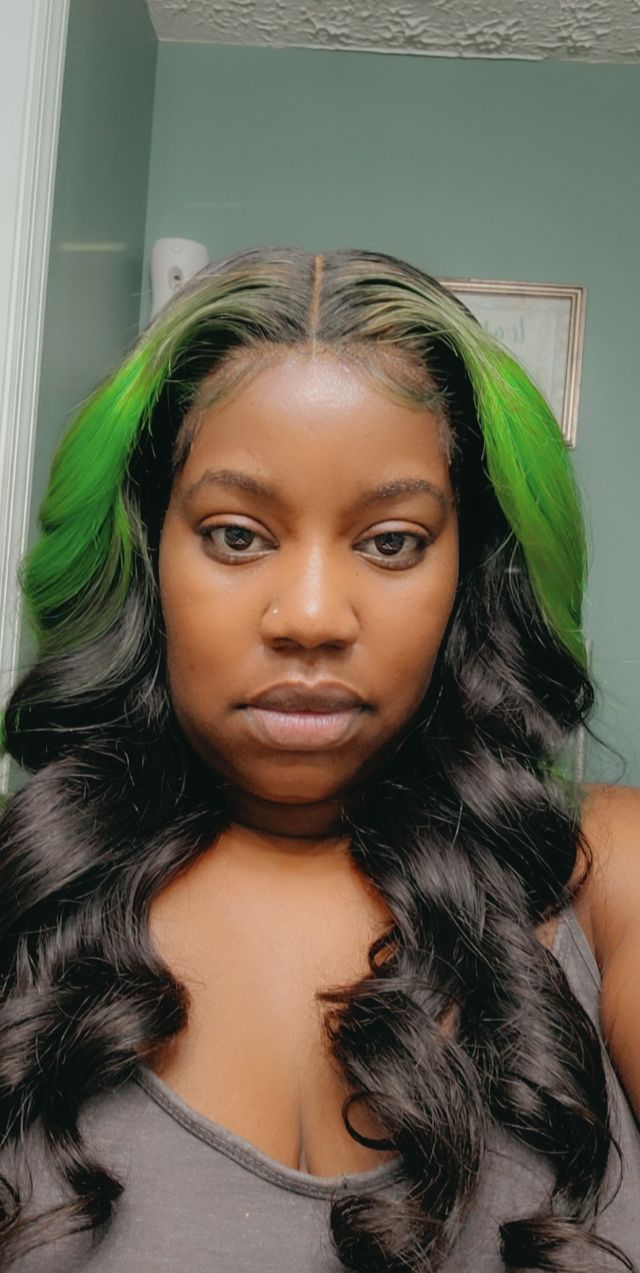 Neon Green Highlight Strips Lace Wig (7340764659935)